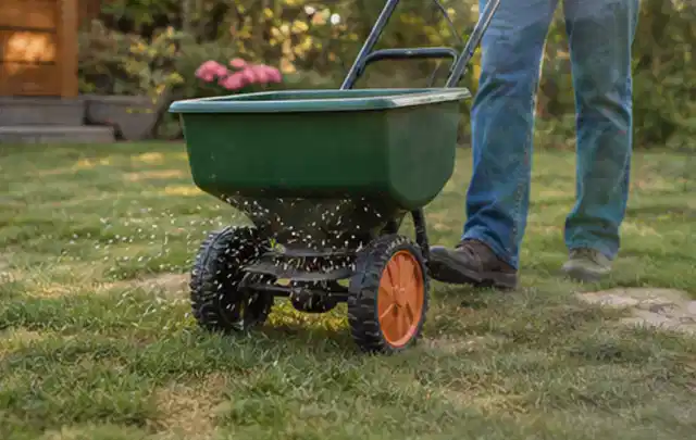 Person verteilt Rasensamen mit einem Streuwagen auf einer lückigen Fläche; Thema Husqvarna Automower, Schwerpunkt Nachhaltigkeit; Kontrolle.
