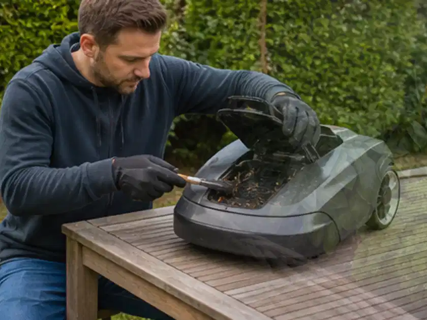 Person wartet einen geöffneten Mähroboter auf einem stabilen Gartentisch; Thema Husqvarna Automower, Schwerpunkt Reinigung; Titelbild.