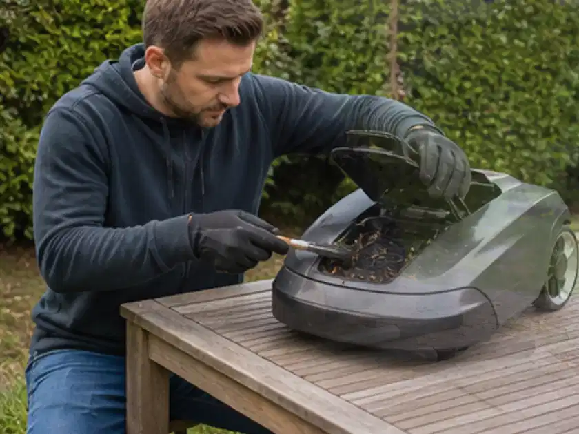 Person wartet einen geöffneten Mähroboter auf einem stabilen Gartentisch; Thema Husqvarna Automower, Schwerpunkt Systemvergleich; Titelbild.