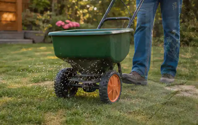 Person verteilt Rasensamen mit einem Streuwagen auf einer lückigen Fläche; Thema Husqvarna Automower, Schwerpunkt Systemvergleich; Ergebnis.