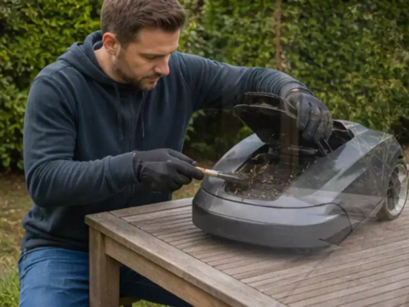 Person wartet einen geöffneten Mähroboter auf einem stabilen Gartentisch; Thema Husqvarna Automower, Schwerpunkt Testkriterien; Titelbild.
