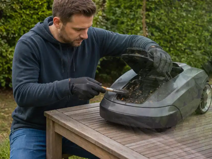 Person wartet einen geöffneten Mähroboter auf einem stabilen Gartentisch; Thema Husqvarna Automower, Schwerpunkt Vergleich; Titelbild.