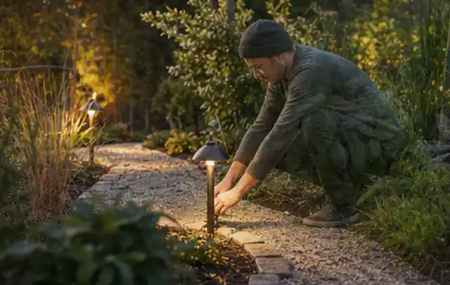 Person richtet eine niedrige warm leuchtende Gartenlampe am Kiesweg aus; Thema Husqvarna Automower, Schwerpunkt Vergleich; Ausgangslage.