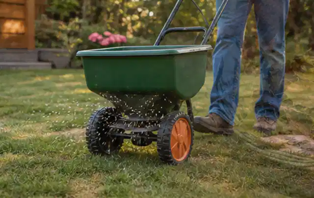 Person verteilt Rasensamen mit einem Streuwagen auf einer lückigen Fläche; Thema Husqvarna Automower, Schwerpunkt Vergleich; Praxisalltag.