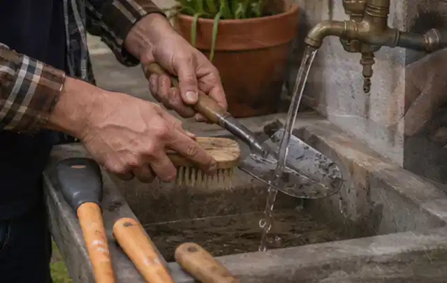 Hände reinigen gebrauchte Gartengeräte mit Bürste und Wasser am Außenbecken; Thema Husqvarna Automower, Schwerpunkt Winterlager; Ausgangslage.