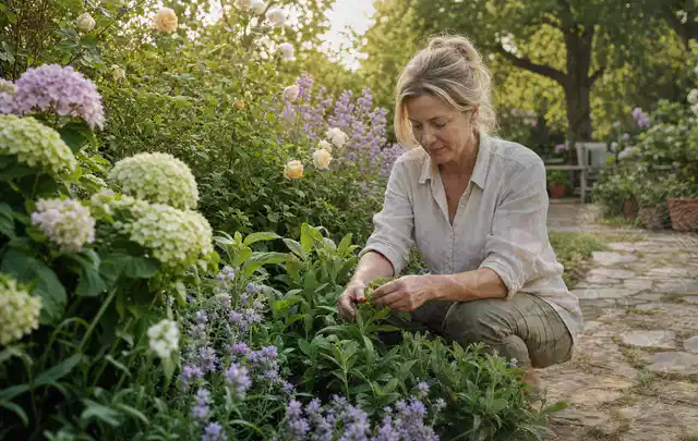 Person pflegt üppige Pflanzen in einem natürlich beleuchteten Garten; Thema Immergrüne Pflanzen, Schwerpunkt Bewässerung; Kontrolle.