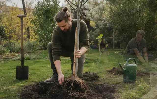 Person setzt einen jungen Zierbaum in ein vorbereitetes Pflanzloch im Garten; Thema Immergrüne Pflanzen, Schwerpunkt Boden; Umsetzung.