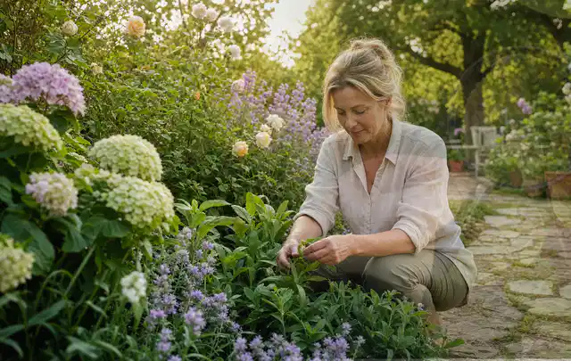 Person pflegt üppige Pflanzen in einem natürlich beleuchteten Garten; Thema Immergrüne Pflanzen, Schwerpunkt Düngung; Ergebnis.