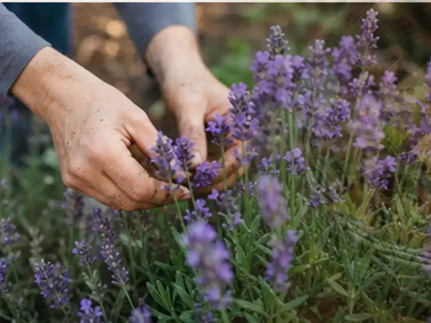 Hände pflegen blühenden Lavendel in einem natürlich angelegten Gartenbeet; Thema Immergrüne Pflanzen, Schwerpunkt Fehlerhilfe; Titelbild.