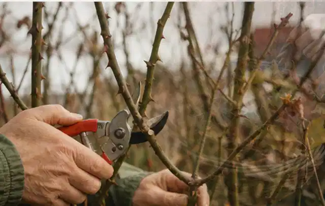 Hände schneiden einen älteren Rosenstrauch mit einer sauberen Gartenschere; Thema Immergrüne Pflanzen, Schwerpunkt Fehlerhilfe; Ausgangslage.