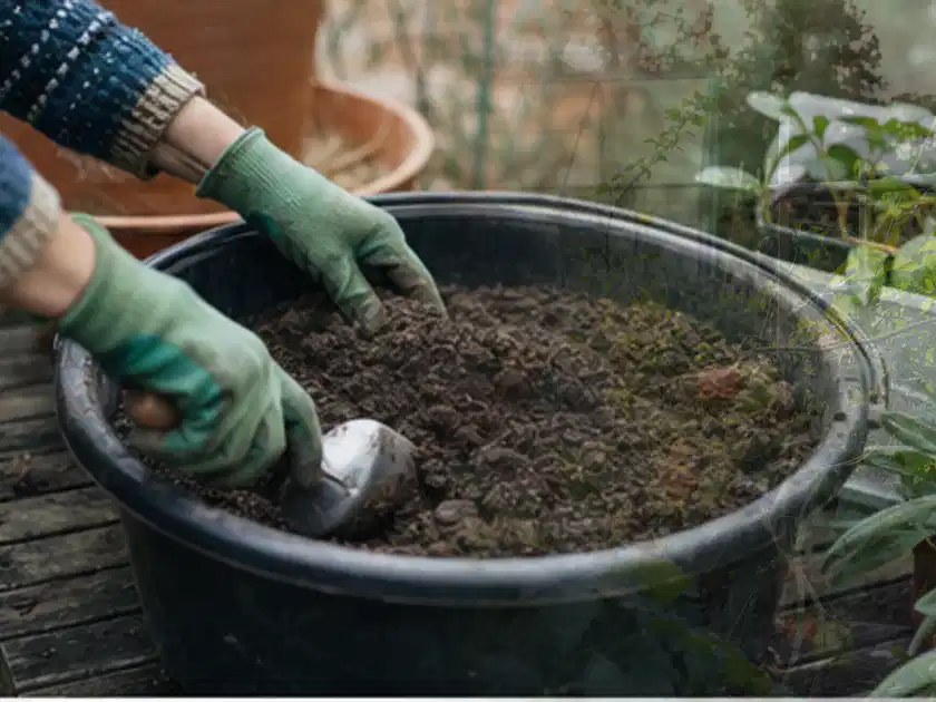 Behandschuhte Hände bereiten lockere Pflanzerde in einem großen Kübel vor; Thema Immergrüne Pflanzen, Schwerpunkt Gartenpraxis; Titelbild.