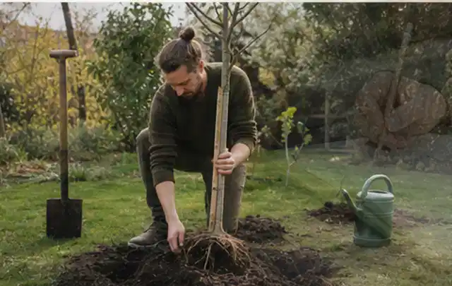 Person setzt einen jungen Zierbaum in ein vorbereitetes Pflanzloch im Garten; Thema Immergrüne Pflanzen, Schwerpunkt Gartenpraxis; Kontrolle.