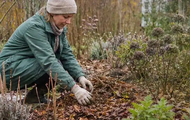 Person verteilt eine schützende Mulchschicht zwischen winterlichen Stauden; Thema Immergrüne Pflanzen, Schwerpunkt Gartenpraxis; Praxisalltag.