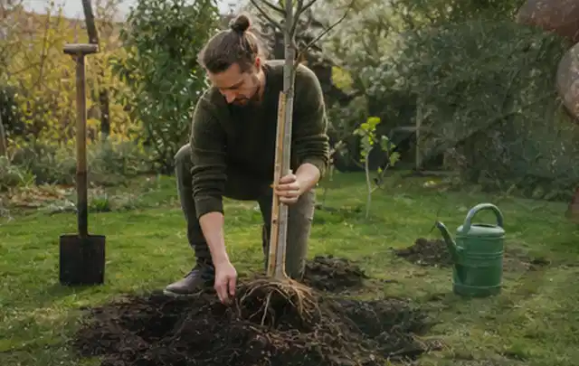 Person setzt einen jungen Zierbaum in ein vorbereitetes Pflanzloch im Garten; Thema Immergrüne Pflanzen, Schwerpunkt Pflanzen; Kontrolle.