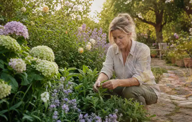 Person pflegt üppige Pflanzen in einem natürlich beleuchteten Garten; Thema Immergrüne Pflanzen, Schwerpunkt Pflanzengesundheit; Kontrolle.