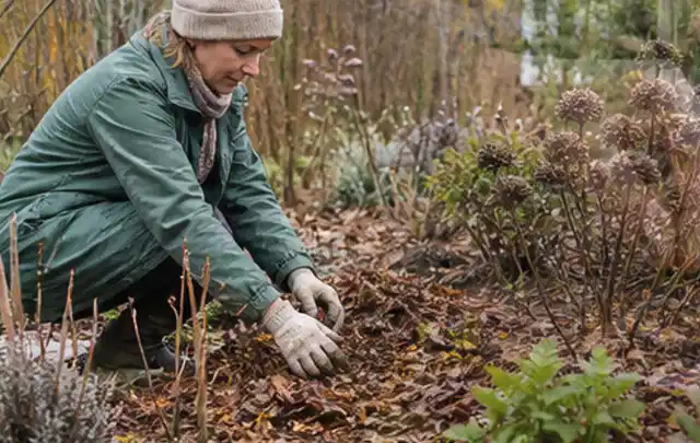 Person verteilt eine schützende Mulchschicht zwischen winterlichen Stauden; Thema Immergrüne Pflanzen, Schwerpunkt Pflanzenschutz; Ausgangslage.