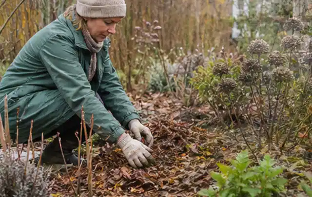 Person verteilt eine schützende Mulchschicht zwischen winterlichen Stauden; Thema Immergrüne Pflanzen, Schwerpunkt Pflanzpartner; Ausgangslage.