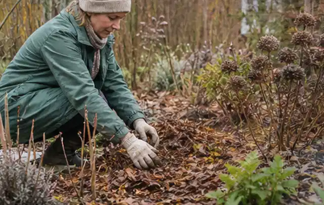 Person verteilt eine schützende Mulchschicht zwischen winterlichen Stauden; Thema Immergrüne Pflanzen, Schwerpunkt Problemlösung; Praxisalltag.