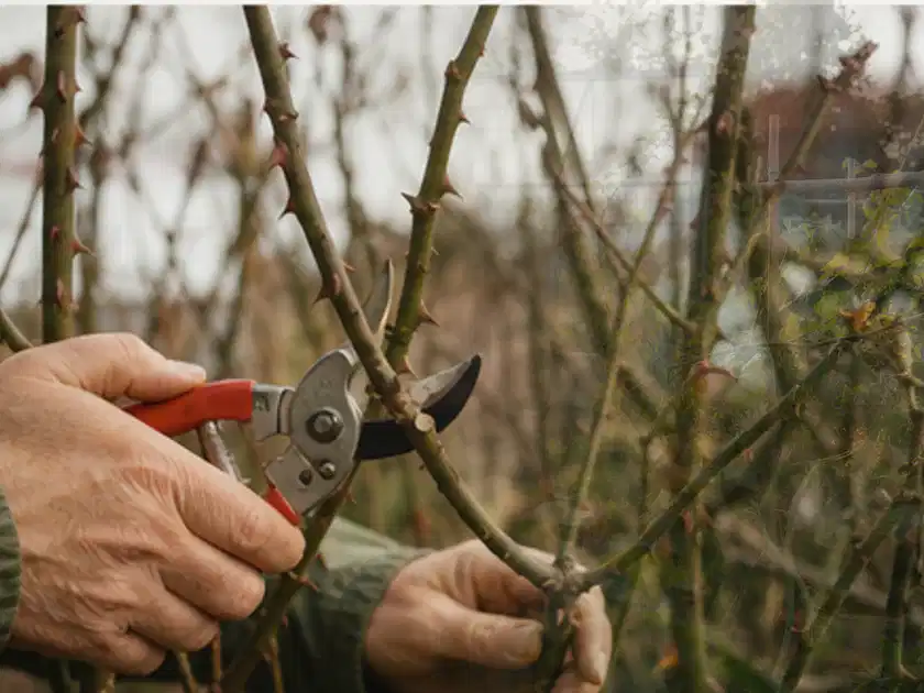 Hände schneiden einen älteren Rosenstrauch mit einer sauberen Gartenschere; Thema Immergrüne Pflanzen, Schwerpunkt Rückschnitt; Titelbild.