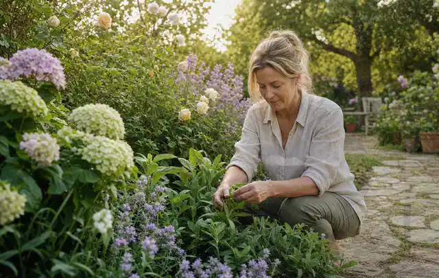 Person pflegt üppige Pflanzen in einem natürlich beleuchteten Garten; Thema Immergrüne Pflanzen, Schwerpunkt Rückschnitt; Umsetzung.