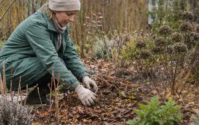 Person verteilt eine schützende Mulchschicht zwischen winterlichen Stauden; Thema Immergrüne Pflanzen, Schwerpunkt Rückschnitt; Ergebnis.