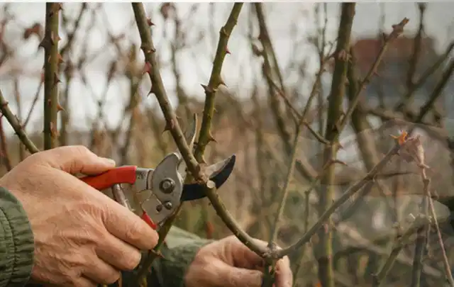 Hände schneiden einen älteren Rosenstrauch mit einer sauberen Gartenschere; Thema Immergrüne Pflanzen, Schwerpunkt Sortenwahl; Umsetzung.