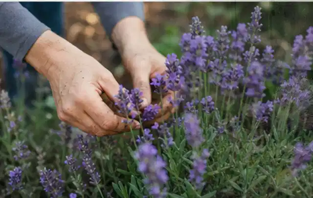 Hände pflegen blühenden Lavendel in einem natürlich angelegten Gartenbeet; Thema Immergrüne Pflanzen, Schwerpunkt Sortenwahl; Praxisalltag.