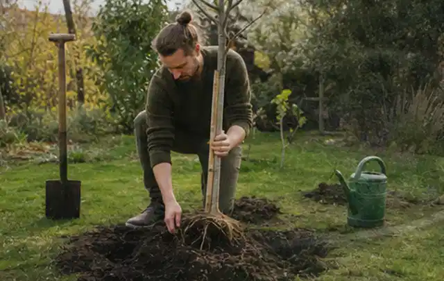 Person setzt einen jungen Zierbaum in ein vorbereitetes Pflanzloch im Garten; Thema Immergrüne Pflanzen, Schwerpunkt Standort; Umsetzung.