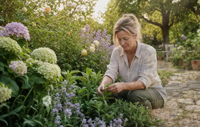 Person pflegt üppige Pflanzen in einem natürlich beleuchteten Garten; Thema Immergrüne Pflanzen, Schwerpunkt Standort; Praxisalltag.