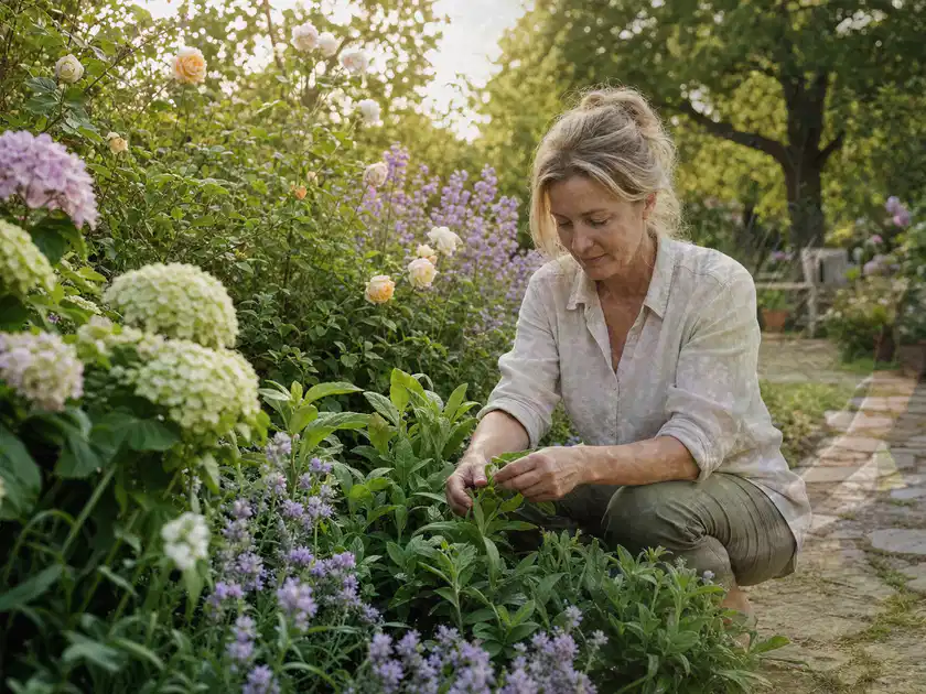 Person pflegt üppige Pflanzen in einem natürlich beleuchteten Garten; Thema Immergrüne Pflanzen, Schwerpunkt Topfkultur; Titelbild.