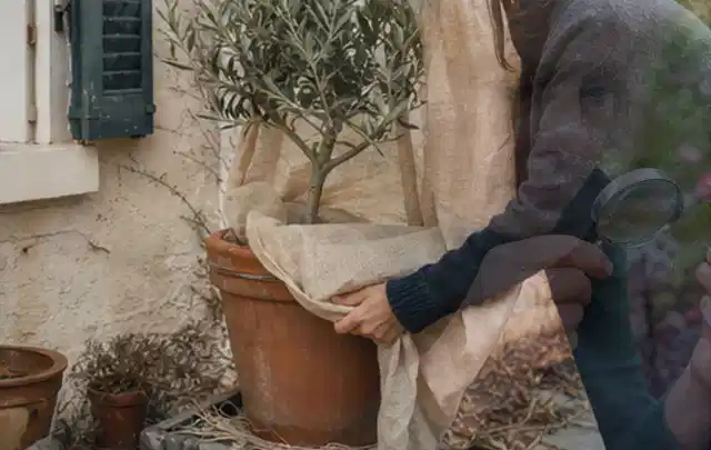 Person umhüllt eine mediterrane Kübelpflanze mit atmungsaktivem Winterschutz; Thema Immergrüne Pflanzen, Schwerpunkt Topfkultur; Umsetzung.