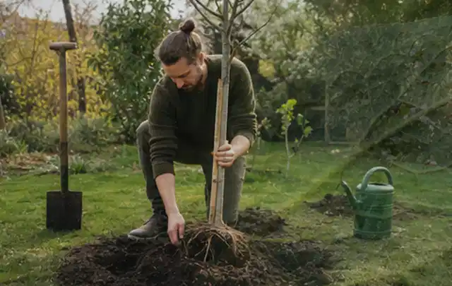 Person setzt einen jungen Zierbaum in ein vorbereitetes Pflanzloch im Garten; Thema Immergrüne Pflanzen, Schwerpunkt Topfkultur; Praxisalltag.