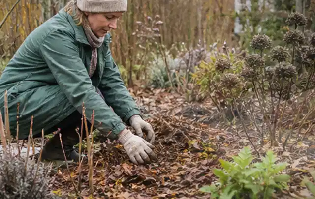 Person verteilt eine schützende Mulchschicht zwischen winterlichen Stauden; Thema Immergrüne Pflanzen, Schwerpunkt Vermehrung; Praxisalltag.