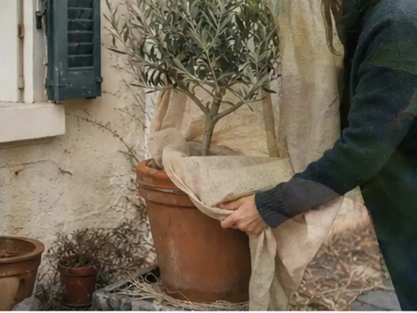 Person umhüllt eine mediterrane Kübelpflanze mit atmungsaktivem Winterschutz; Thema Immergrüne Pflanzen, Schwerpunkt Wachstum; Titelbild.