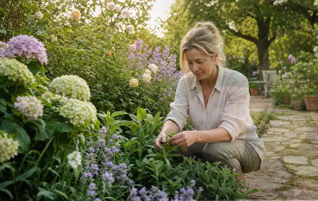 Person pflegt üppige Pflanzen in einem natürlich beleuchteten Garten; Thema Immergrüne Pflanzen, Schwerpunkt Wachstum; Ausgangslage.