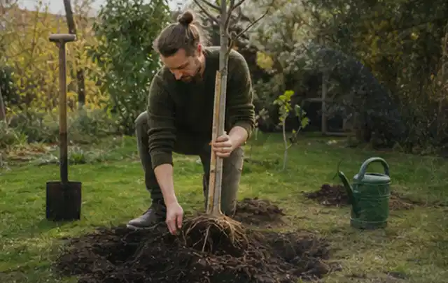 Person setzt einen jungen Zierbaum in ein vorbereitetes Pflanzloch im Garten; Thema Immergrüne Pflanzen, Schwerpunkt Wachstum; Umsetzung.