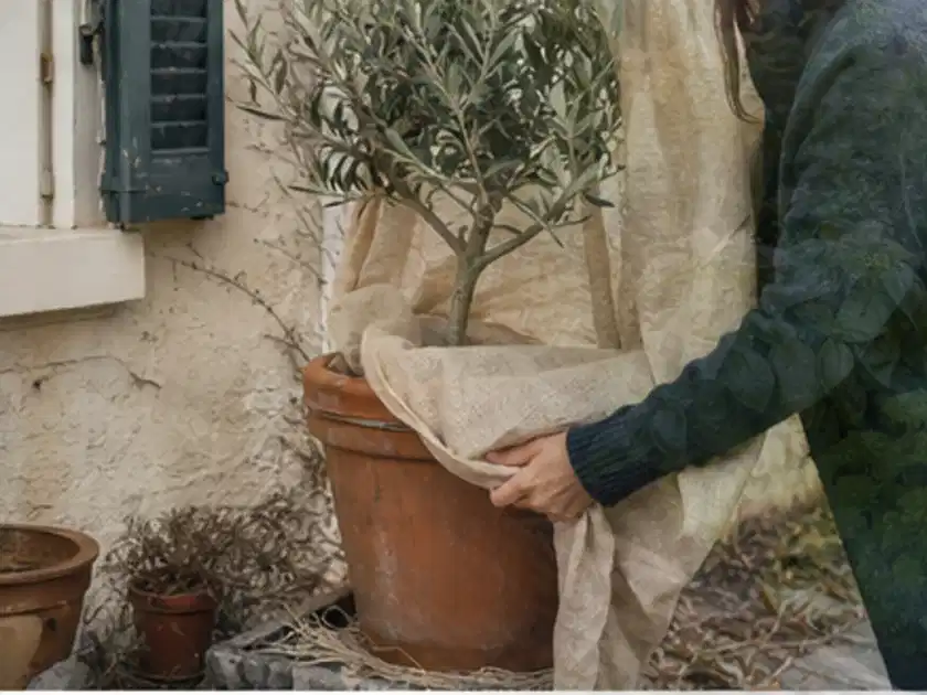 Person umhüllt eine mediterrane Kübelpflanze mit atmungsaktivem Winterschutz; Thema Immergrüne Pflanzen, Schwerpunkt Winterpflege; Titelbild.