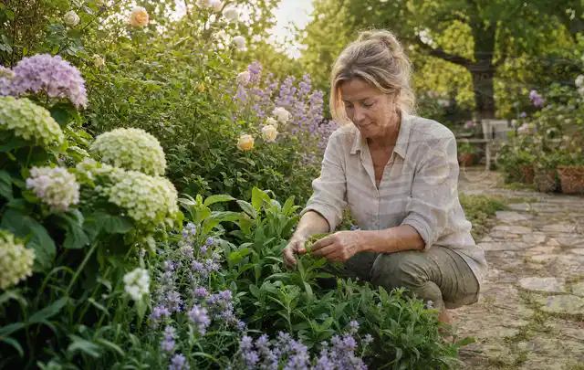 Person pflegt üppige Pflanzen in einem natürlich beleuchteten Garten; Thema Immergrüne Pflanzen, Schwerpunkt Winterpflege; Umsetzung.