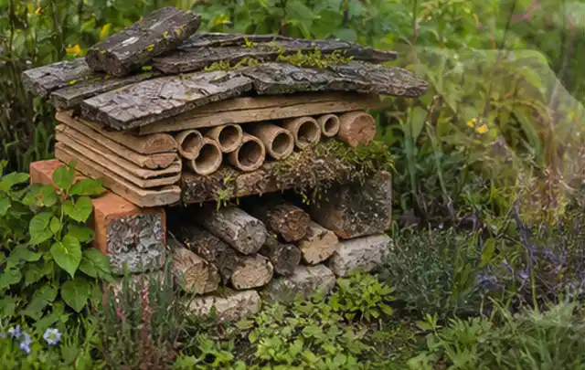 Naturnaher Unterschlupf aus Holz Rinde und Pflanzenstängeln im Garten; Thema Impressum, Schwerpunkt Anbieterkennzeichnung; Ausgangslage.