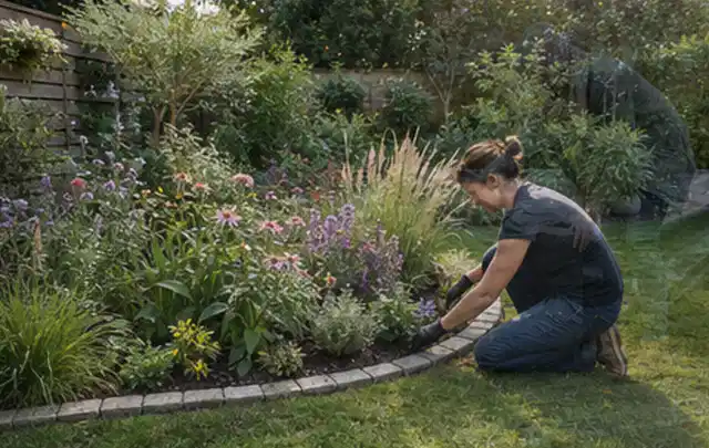 Person pflegt die klare Kante eines geschwungenen blühenden Staudenbeets; Thema Insektenfreundlicher Garten, Schwerpunkt Anleitung; Umsetzung.