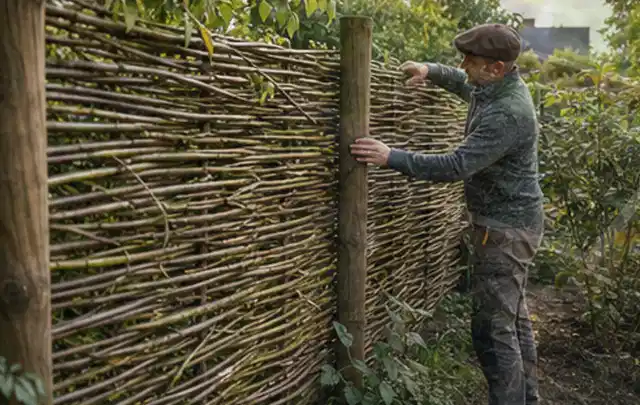 Person befestigt geflochtene Weidenruten an stabilen Holzpfosten im Garten; Thema Insektenfreundlicher Garten, Schwerpunkt Anleitung; Kontrolle.