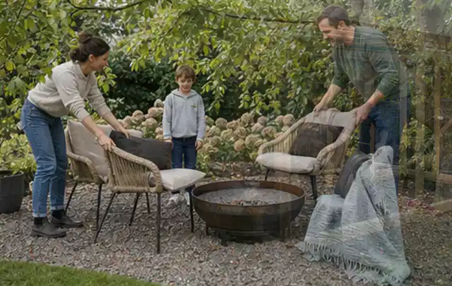 Familie stellt wetterfeste Sessel an einem geschützten Sitzplatz im Garten auf; Thema Insektenfreundlicher Garten, Schwerpunkt Anleitung; Ergebnis.