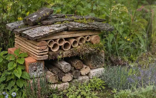 Naturnaher Unterschlupf aus Holz Rinde und Pflanzenstängeln im Garten; Thema Insektenfreundlicher Garten, Schwerpunkt Anleitung; Praxisalltag.