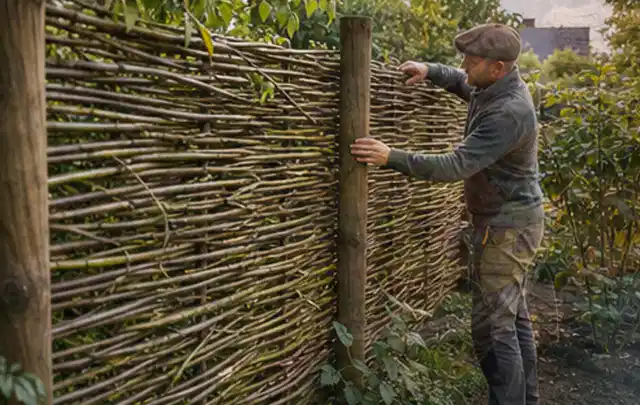 Person befestigt geflochtene Weidenruten an stabilen Holzpfosten im Garten; Thema Insektenfreundlicher Garten, Schwerpunkt Beleuchtung; Ausgangslage.