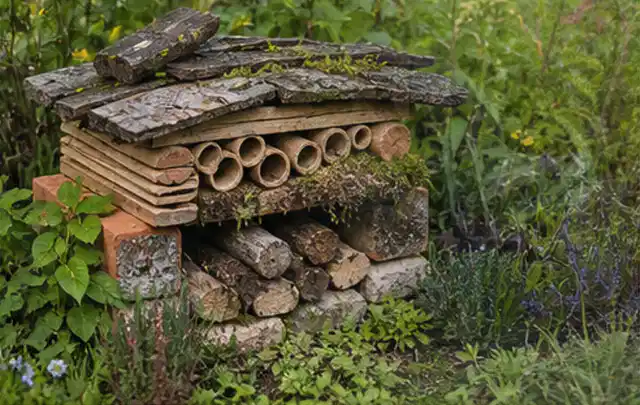 Naturnaher Unterschlupf aus Holz Rinde und Pflanzenstängeln im Garten; Thema Insektenfreundlicher Garten, Schwerpunkt Beleuchtung; Umsetzung.