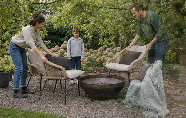 Familie stellt wetterfeste Sessel an einem geschützten Sitzplatz im Garten auf; Thema Insektenfreundlicher Garten, Schwerpunkt Beleuchtung; Ergebnis.