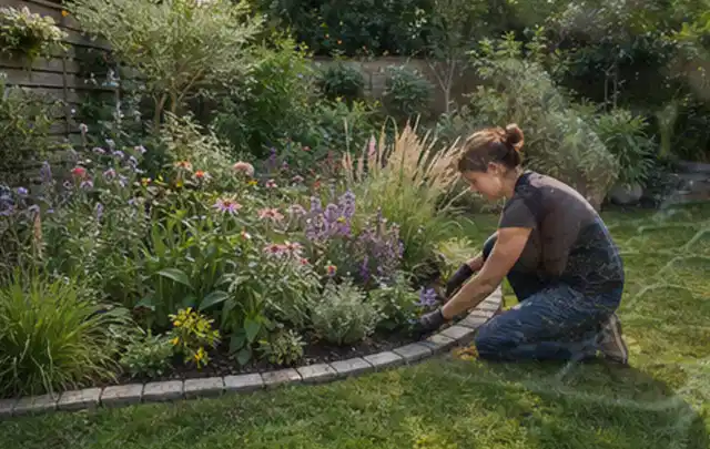 Person pflegt die klare Kante eines geschwungenen blühenden Staudenbeets; Thema Insektenfreundlicher Garten, Schwerpunkt Beleuchtung; Praxisalltag.