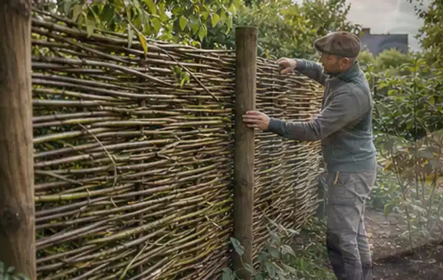Person befestigt geflochtene Weidenruten an stabilen Holzpfosten im Garten; Thema Insektenfreundlicher Garten, Schwerpunkt Bepflanzung; Ausgangslage.