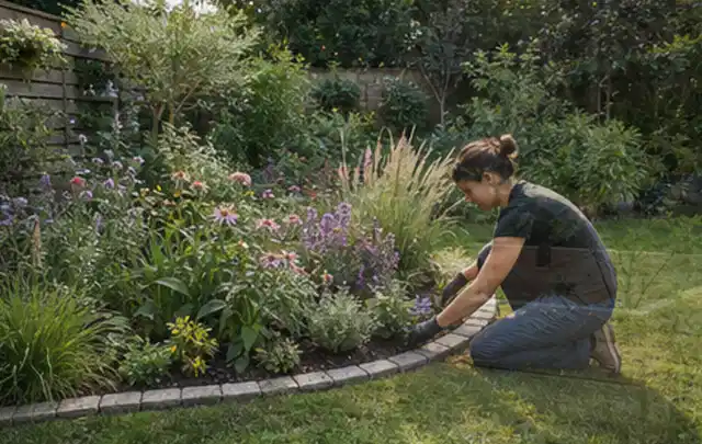 Person pflegt die klare Kante eines geschwungenen blühenden Staudenbeets; Thema Insektenfreundlicher Garten, Schwerpunkt Bepflanzung; Umsetzung.