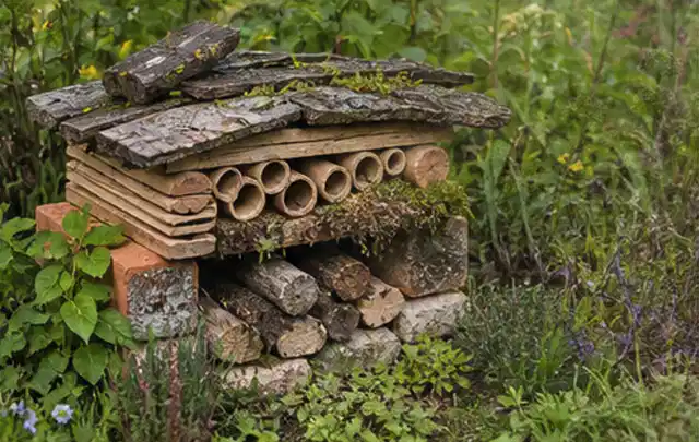 Naturnaher Unterschlupf aus Holz Rinde und Pflanzenstängeln im Garten; Thema Insektenfreundlicher Garten, Schwerpunkt Bepflanzung; Praxisalltag.